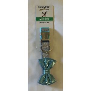 SimplyDog Turquoise & Silver Glitter Bow Dog Collar Size Medium NEW